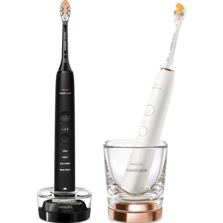 Комплект Четки за зъби Philips Sonicare HX9914/69 Diamond Clean 9000 HX9914/69, 2 броя, 4 режима на четкане, 3 интензитета, 1 поставка, 1 чаша, Бял/Черен/Златист