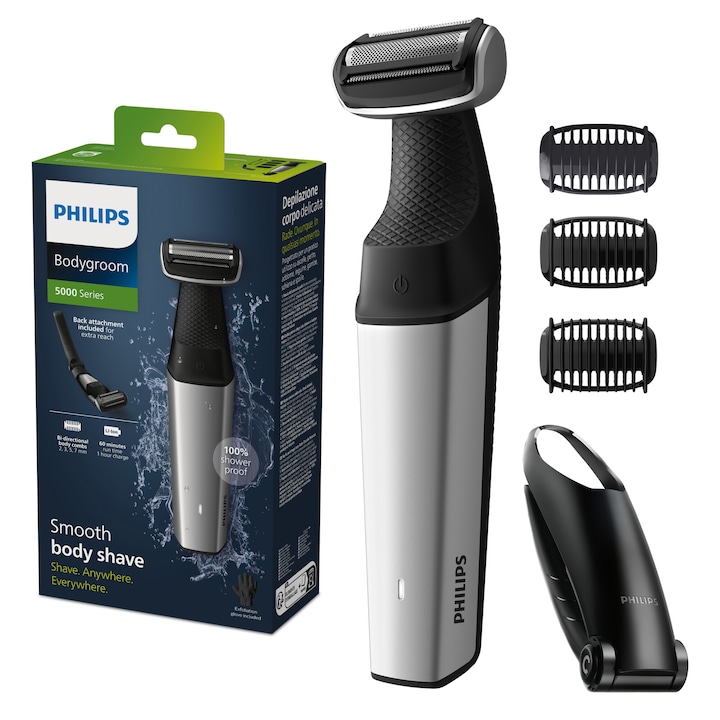 Aparat de tuns/ras corporal PHILIPS BG5021/15 seria 5000, folie hipoalergenica, autonomie 60 minute/ timp incarcare 1 ora, functie incarcare rapida 5 minute, 3 x pieptene pentru corp (2, 3, 5 mm), maner pentru spate, gri
