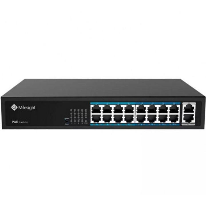 POE Switch Milesight 16 Porturi POE MS-S0216-GL, Porturi: 16X10/100MbpsPoEports(RJ45) +2X1000Mbps