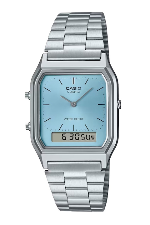 Casio, Ceas unisex patrat cu afisaj mix, Argintiu