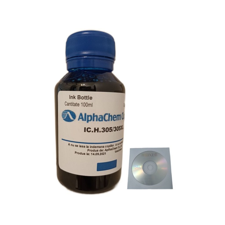 Flacon Cerneala AlphaChem Compatibil HP 305XL, 1x100ml, 3YM63AE Cyan, 1xCDR Maxell cu plic