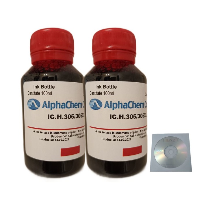 Set 2buc Flacon Cerneala AlphaChem Compatibil HP 305, 2x100ml, 3YM60AE Magenta, 2xCDR Maxell Maxell cu plic