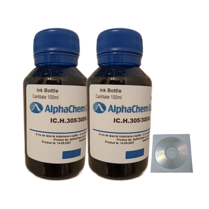 Set 2buc Flacon Cerneala AlphaChem Compatibil HP 305, 2x100ml, 3YM60AE Cyan, 2xCDR Maxell Maxell cu plic