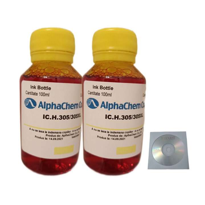 Set 2buc Flacon Cerneala AlphaChem Compatibil HP 305XL, 2x100ml, 3YM63AE Galben, 2xCDR Maxell Maxell cu plic