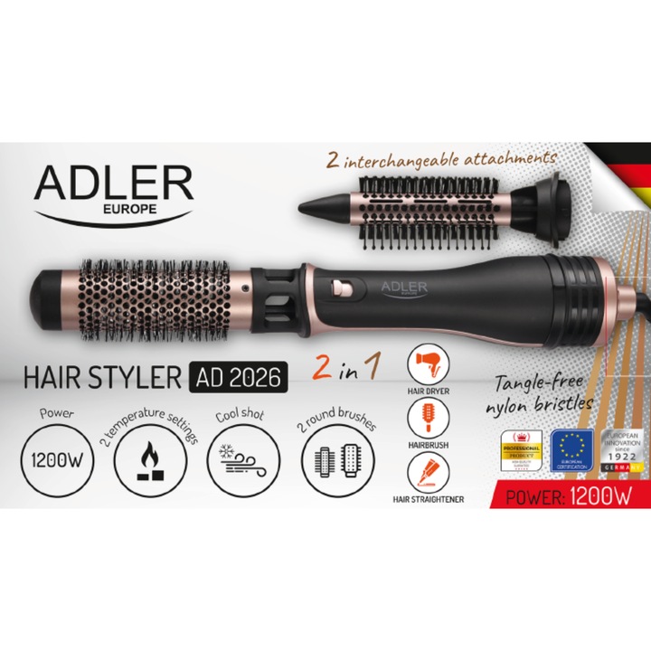 Маша-сешоар ADLER, 2 в 1, керамика, 1200W, Black/Rose gold, 20 x 6,4 см