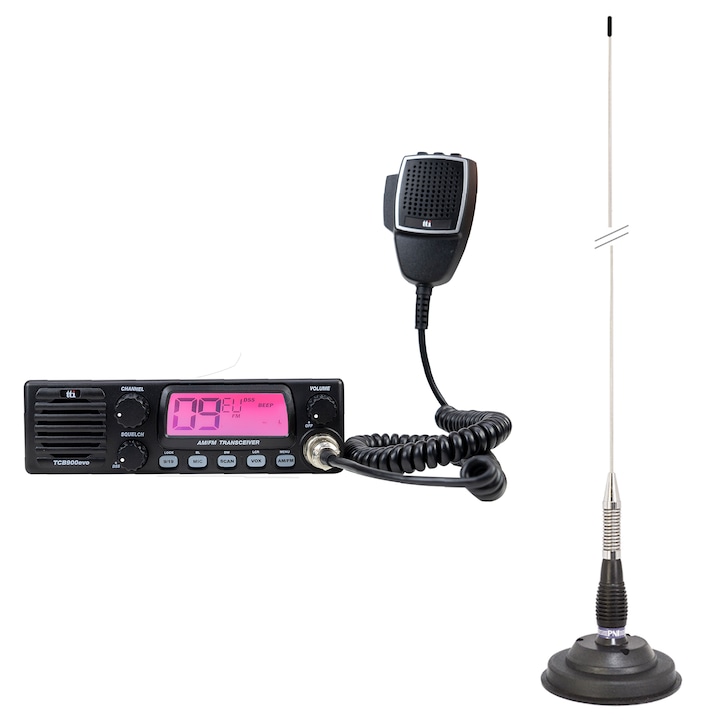 Statie radio CB TTi TCB-900 EVO, 12-24V, 4W si antena CB PNI ML100, 100CM, 250W cu baza magnetica