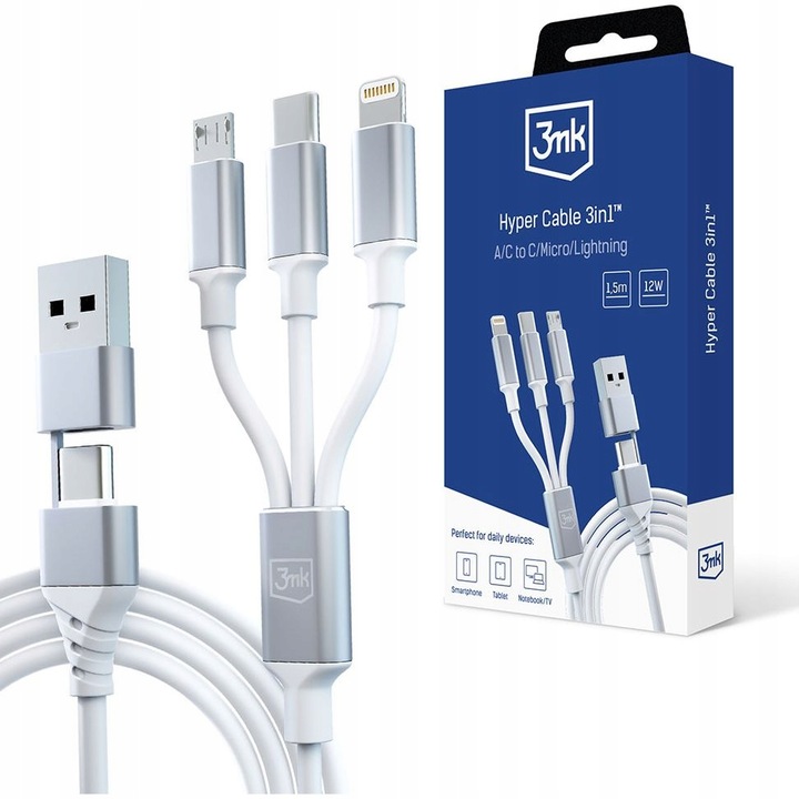 Cablu de date, 3MK, 3in1, USB-A/C la C/Micro/Lightning, 1.5m, alb
