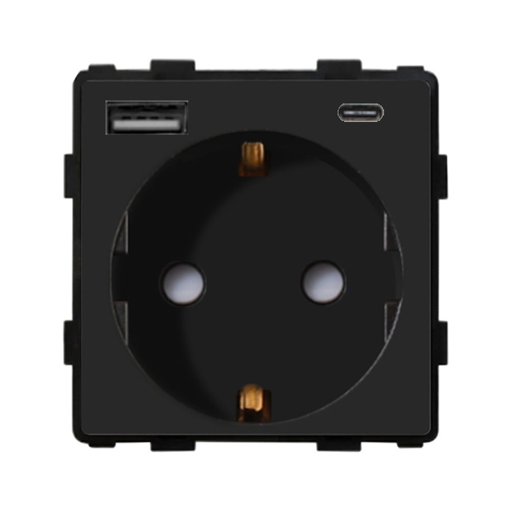 Контакт, Schuko Module 16A, 2 модула, USB A+C порт 3, 1 A, 20W Бързо зареждане с интелигентно разпознаване и защита от деца, Черен