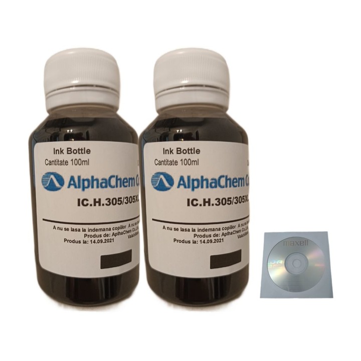 Set 2 buc Flacon Cerneala AlphaChem Compatibil HP 305, 2x100ml, 3YM61AE Negru, 2CDR Maxell Maxell cu plic