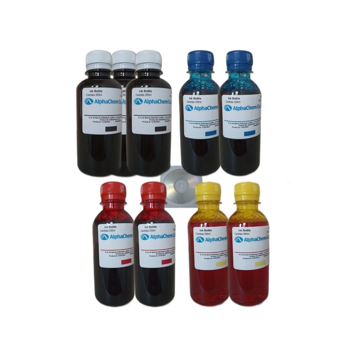 Set Flacon Cerneala AlphaChem Compatibil HP301XL, 3x200ml CH563EE Negru, 2x200ml CH564EE Cyan, 2x200ml CH564EE Magenta, 2x200ml CH564EE Galben si 9 Cdr Maxell cu plic