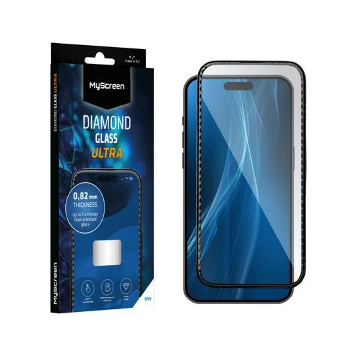 Sticla de protectie MyScreen Diamond Glass pentru iPhone 15, neagra, 14,27x6,57cm, set montaj inclus
