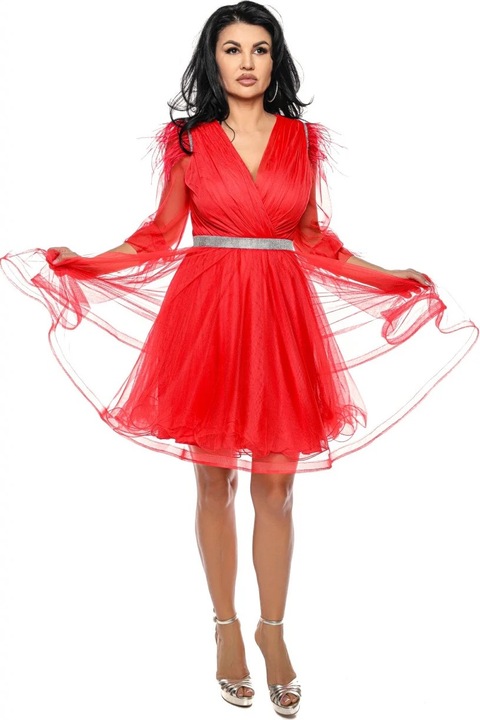 Къса рокля от тюл със сребрист шнур, естествени пера и блясък, Червен