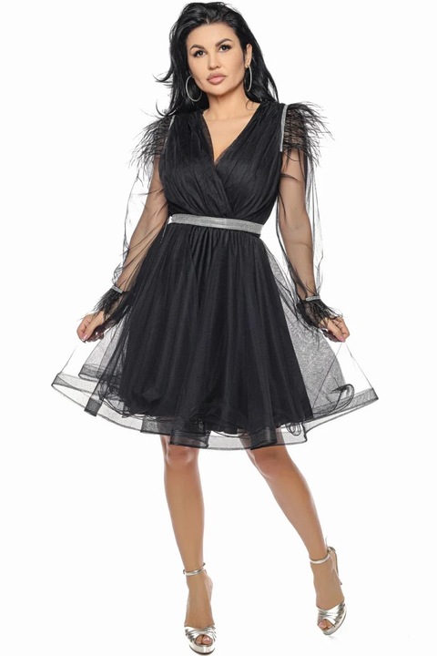 Къса рокля от тюл със сребрист шнур, естествени пера и блясък, Черен
