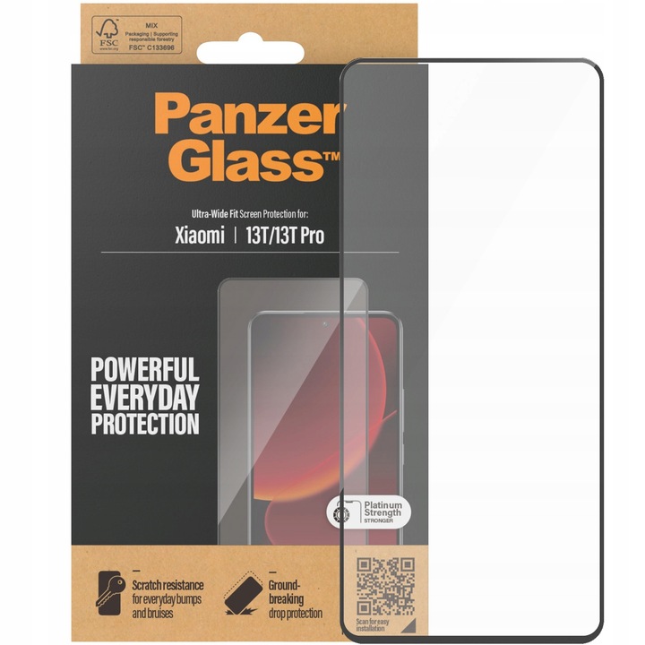 Védőfólia, PanzerGlass, Ultra-Wide Fit, Xiaomi 13T / 13T Pro-hoz, karcolásgátló, antibakteriális, fekete, 15,75x7,13 cm
