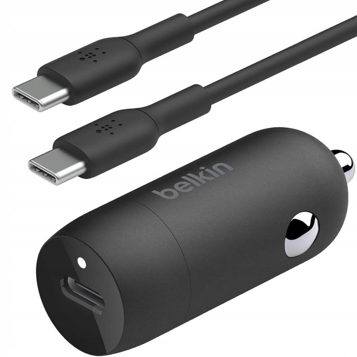 Autós töltő, Belkin, gyorstöltés, PD3.0 PPS 30W, USB-C kábellel, fekete, 5.4x2cm