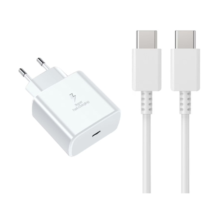 Gyorstöltő 45W, túlmelegedés elleni védelem, USB-C kábel mellékelve, fehér, kompatibilis Samsung/Huawei/Xiaomi/iPhone készülékekkel