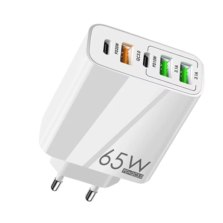 USB C мрежово зарядно, 65 W, 5 USB-C/USB-A порта, бяло