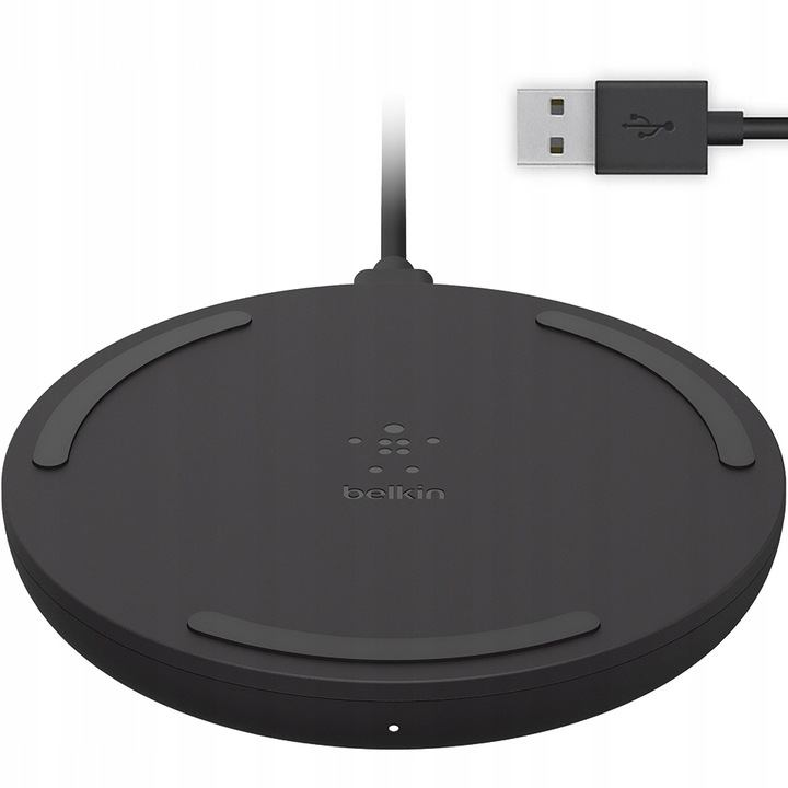 Vezeték nélküli töltő, Belkin, Műanyag, gyorstöltés, 10W, LED, fekete, 9x9x1,3cm