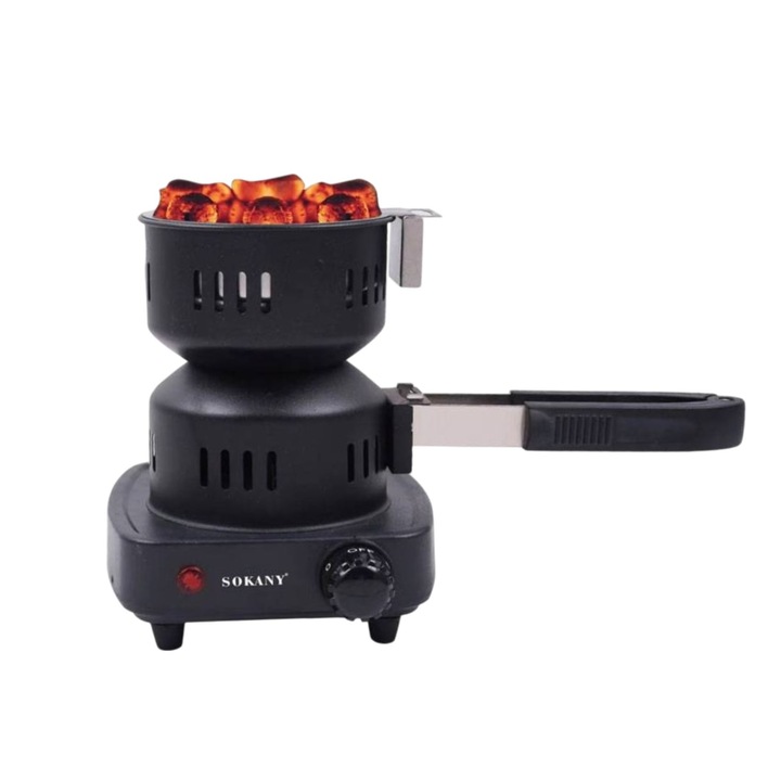 Aprinzator electric carbuni Sokany 1000W tip ibric cu maner detasabil, cleste integrat, control temperatura si protectie termica, ideal pentru narghilea, negru