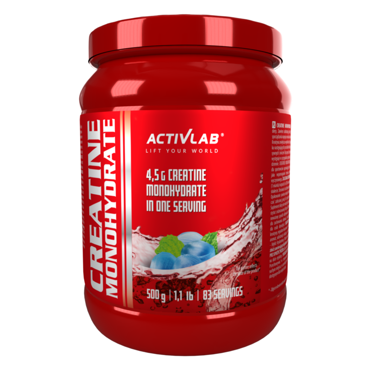 Activlab Creatine Monohydrate de creatina, 500g, 83 de portii, aroma de bomboane de gheata, 4.5g creatina monohydrate, forta si rezistenta, pulbere, culturisti si sportivi, 3x testat in laborator, pahar de masurare inclus