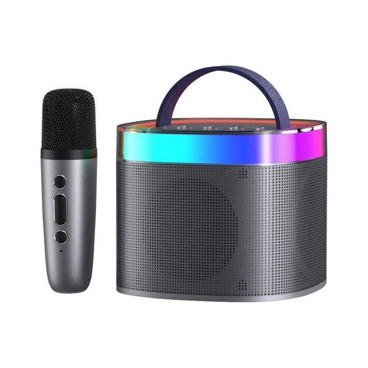 Boxa portabila cu microfon, Karaoke, Wireless, 2 x speaker 10W, Bluetooth V5.0, USB-C, AUX, SD Card, 10W, Negru/Albastru