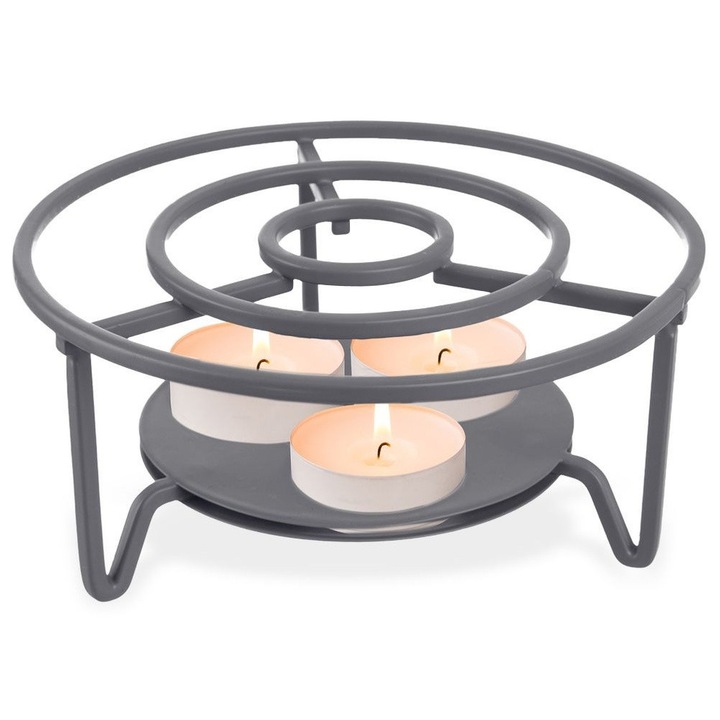Incalzitor Metalic, Orion, 16.5x7.5 cm, Fabricat Din Metal, Spatiu Pentru Trei Lumanari Tip Tealight, Universal Pentru Diferite Tipuri De Vase, Potrivit Pentru Prepararea Fondue-Ului, Gri