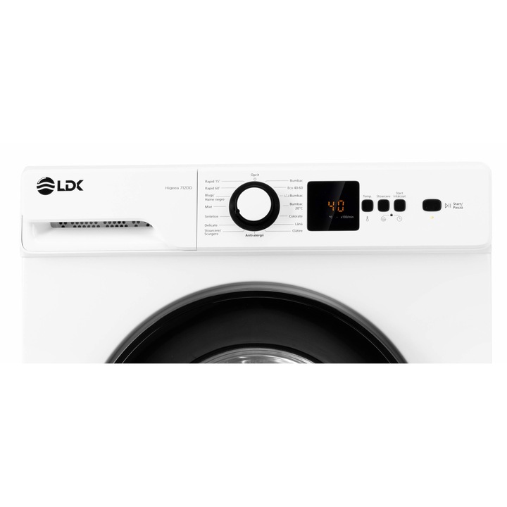 Masina de spalat rufe LDK Higeea 712DD, 7 Kg, Clasa D, 1200 rpm, 15 programe, Anti-Alergic, Amanare pornire, Display LED, Alb