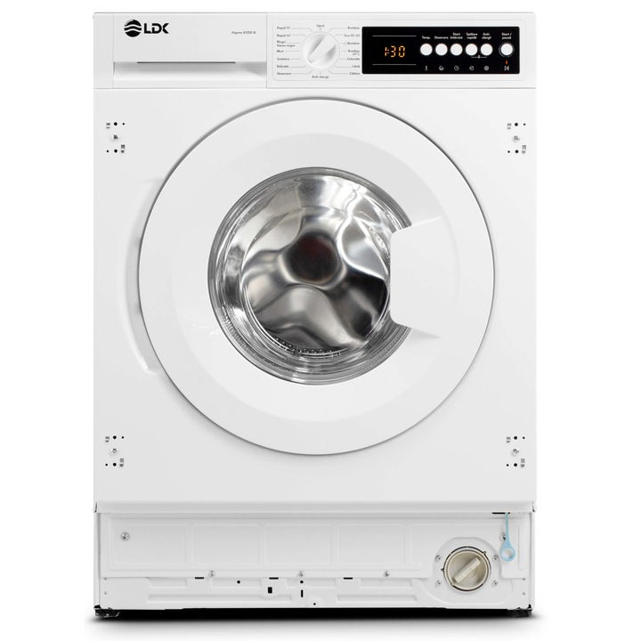 Пералня за вграждане LDK Higeea 812DD BI, 8 Kg, Клас D, 1200 оборота, 15 програми, Антиалергична, Отложен старт, LED дисплей, Бяла