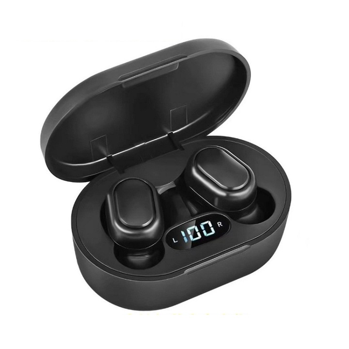Casti Bluetooth wireless, E7s TWS, rezistente la apa, Bluetooth 5.0, In-Ear, tehnologie waterproof IPX4, negru