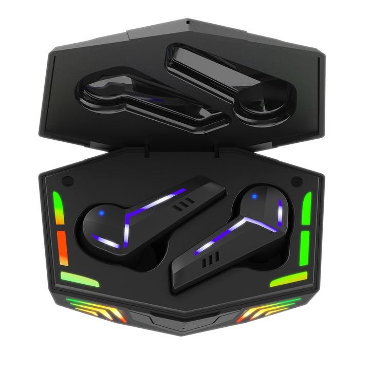 Casti Wireless OneLucero® Model Gaming G001| Functii BT 5.1, Izolarea Zgomotului Exterior, Impermeabile, Microfon|Baterie Carcasa 500 mAH, Baterie Casti 55 mAH, Timp Incarcare 1/1-5 h, Autonomie Baterie Casti Minim 5 h, Autonomie Baterie Carcasa 150 h