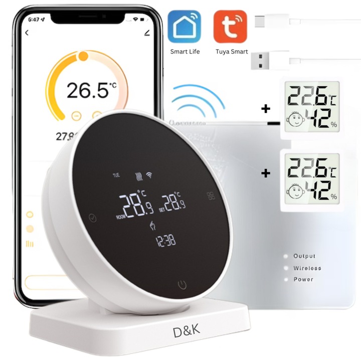 Termostat de ambient Smart, WiFi, RF Wireless, Tuya / Google Home / Alexa Controlat Prin Internet/Telefon, Compatibil cu Orice Centrala Termica, Programabil, Receiver inclus,, Cadou 2 x Higrometru, ALB