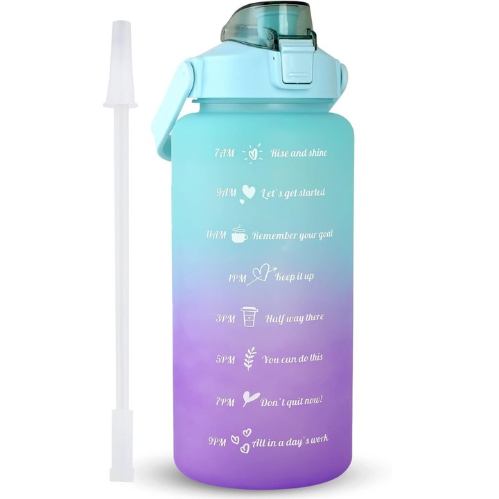 Градуирана бутилка за вода Velixo®, с вградена сламка, автоматично отваряне, мотивационни цитати, за многократна употреба, против течове, транспортна дръжка, 30 x 10,5 см, 2 л, многоцветна