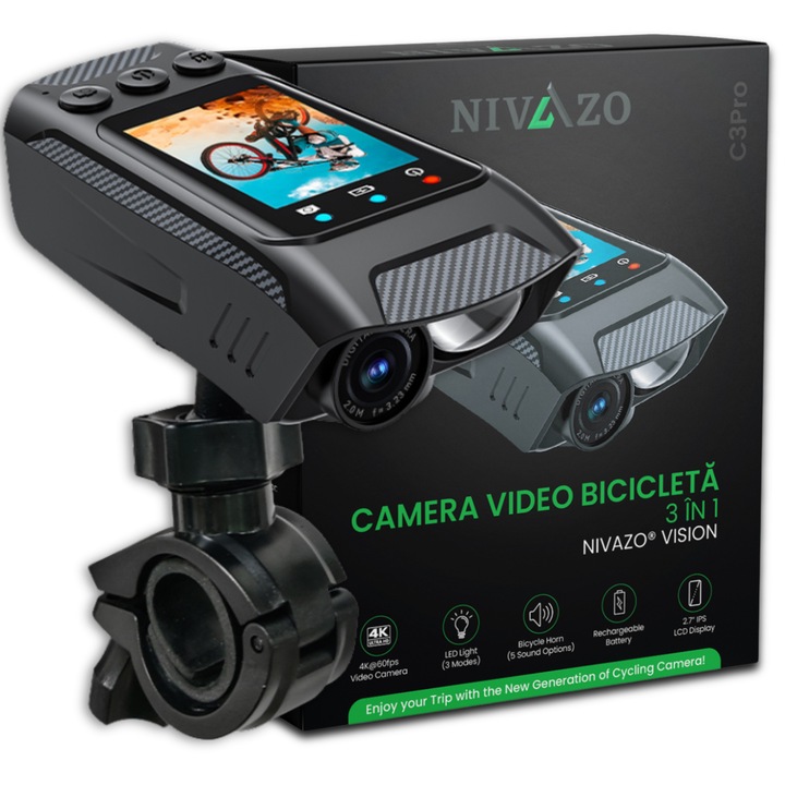 Камера за видео велосипед 3 в 1, Nivazo Vision, 2.0 инчов IPS екран, 2500mAh батерия, 1080p Full HD запис, поддържа MicroSD карта 128GB, фенерче, клаксон