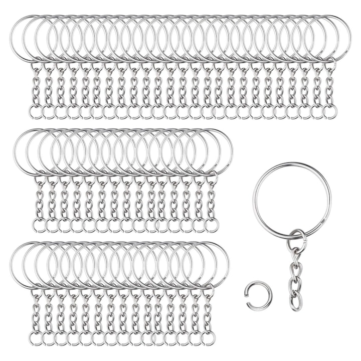 MunDeir, Kulcstartó készlet láncokkal és nyitott hurkokkal, Inox, ezüst, 100 db-os