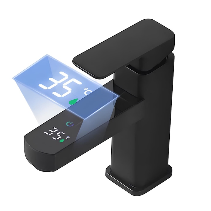 Baterie chiuveta baie, YWX, buton tactil, pentru lavoar, robinet Smart, cu afisaj digital, control temperatura apa prin touch, Negru