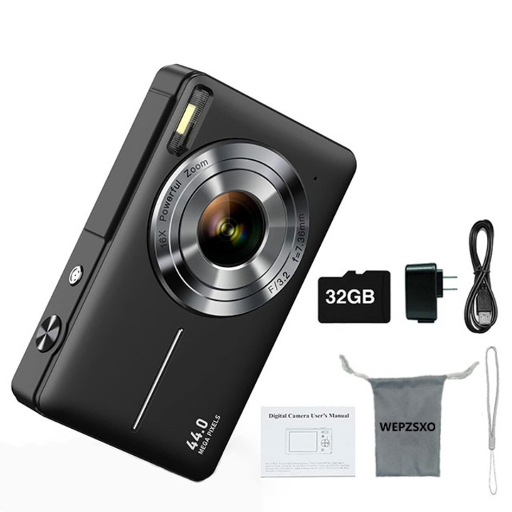 Компактна видеокамера, WEPZSXO, 1080P, Карта с памет 32GB, Zoom 16x, Черна