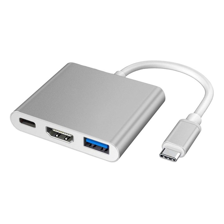 Adaptor multiport, 3 in 1, HDMI 4K, USB 3.0, USB C, Alb, Dactylion®