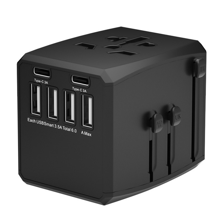 Nemzetközi utazási adapter, ETERNIXY®, 7 port, 1 x univerzális csatlakozó, 2 x USB Type-C, 4 x USB-A, kompatibilis az EU, az Egyesült Királyság, az USA és Ausztrália/Ázsia csatlakozóval, fekete szín