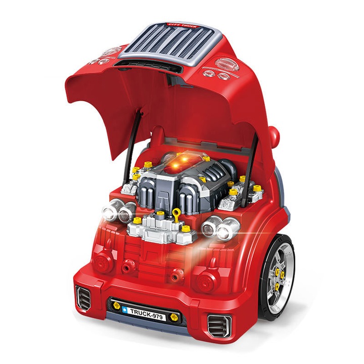 Interaktív forgómotor, kis mechanikus, 33 x 39 x 29 cm, piros, 59 elemű