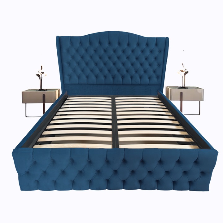 Pat tapitat Doha dublu, Albastru inchis, catifea, somiera rabatabila, spatiu depozitare, 180 x 200 cm