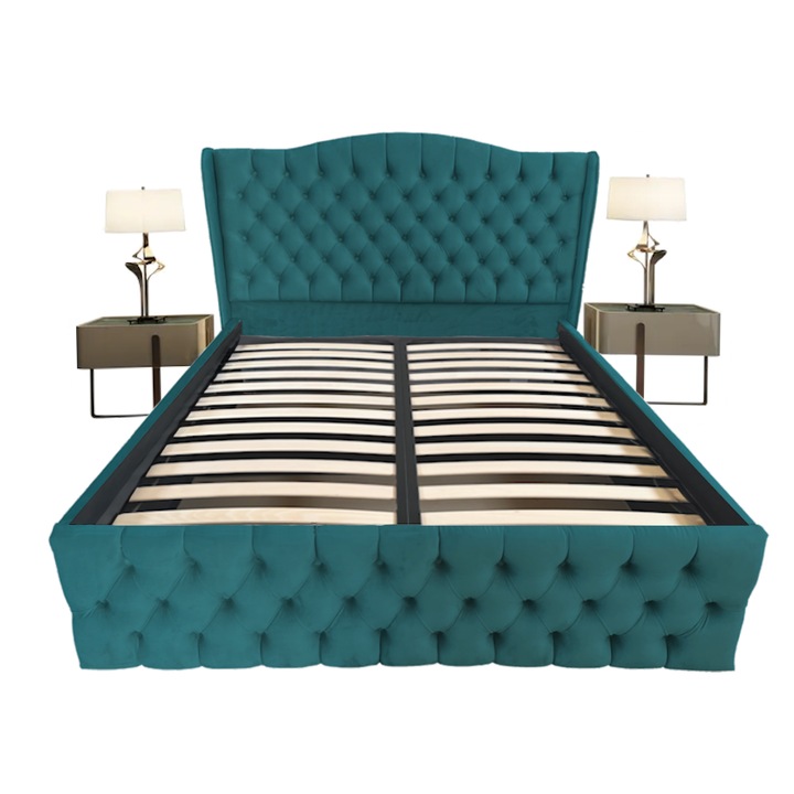 Pat tapitat Doha dublu, Turcoaz, catifea, somiera rabatabila, spatiu depozitare, 180 x 200 cm