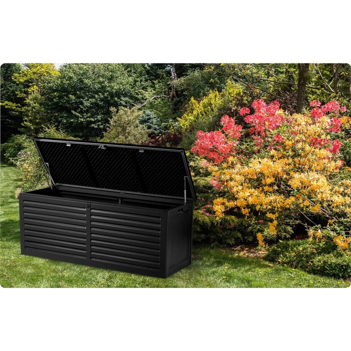 Cutie gradina DacEnergy©, din plastic, maner de transport, cu capac, 390 l, 143 x 57 x 53, 5 cm, negru