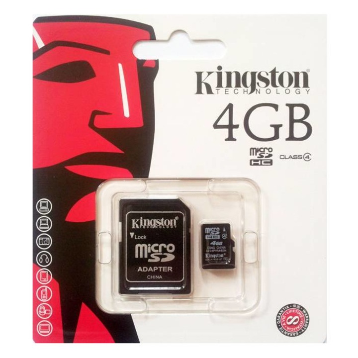 MicroSD карта памет клас 10, KINGSTON с адаптер 4GB