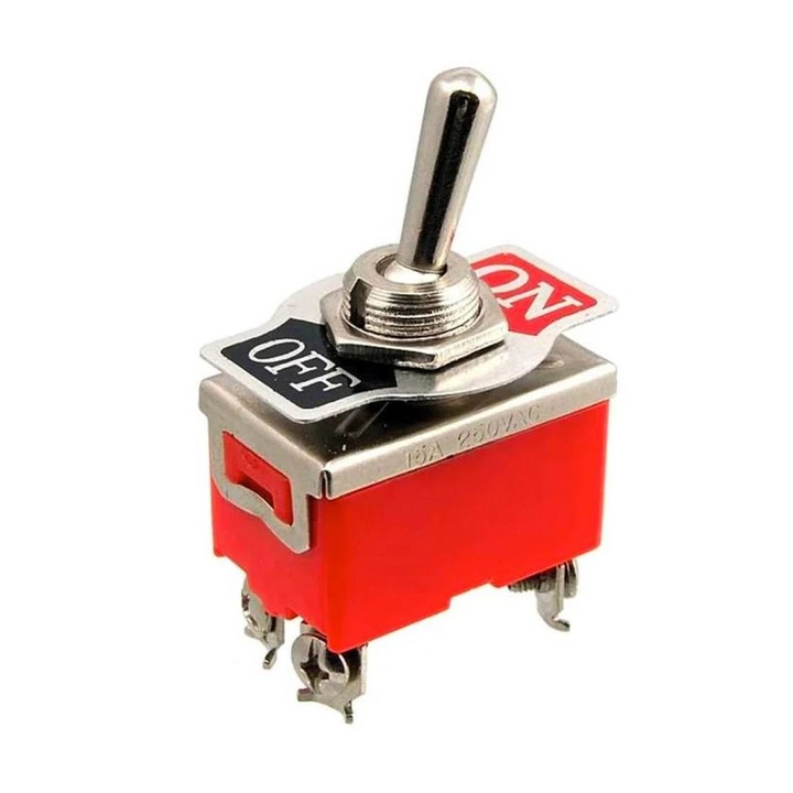 Comutator cu parghie, 4 pini, 2 pozitii, Rosu, 250VAC, 15A, Ф12mm