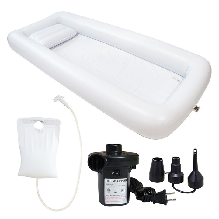 Pat gonflabil portabil pentru ingrijire medicala, WALALLA, cu sac de dus cu apa de 10 litri, pliabil, complet lavabil, potrivit pentru varstnici/persoane cu mobilitate redusa, pentru acasa, hotel, centru de reabilitare, 195 × 90 × 20 cm, PVC, alb