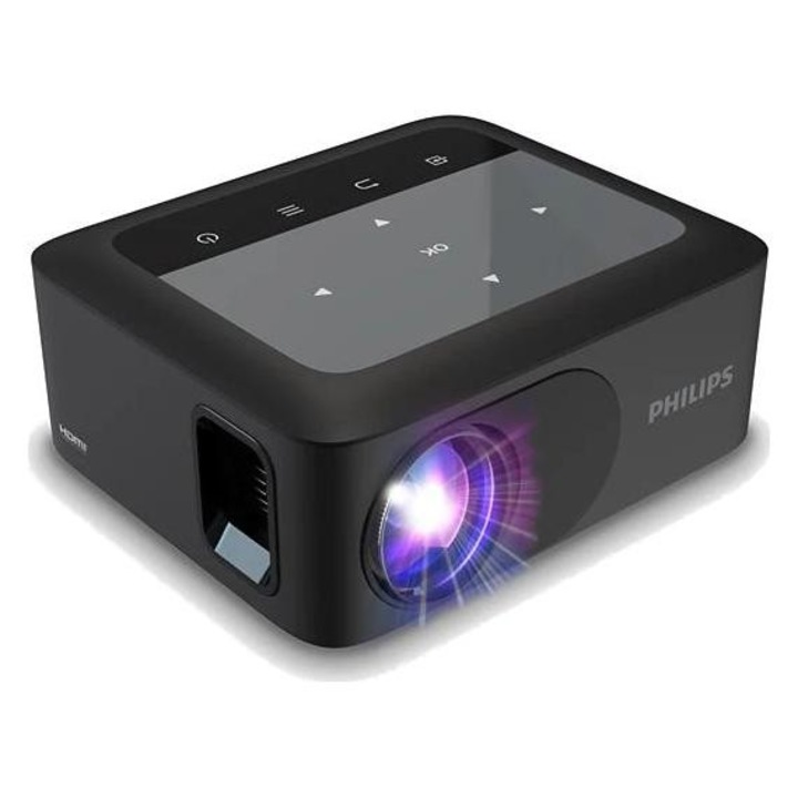 Proiector, Smart Wireless, decodare 8K HD, proiectie directa portabila pe perete alb, lumina ambientala colorata, 16GB, multi-limba, negru