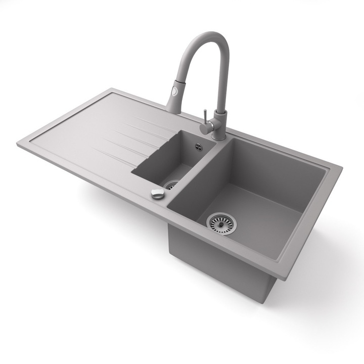 Nero Solarys, Gránit mosogató szett, Snake csapteleppel, adagolóval és dugóemelős szifonnal, 99, 5 cm, Szürke