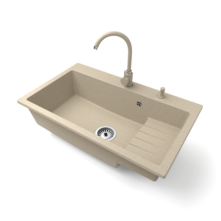 Nero Boss, Gránit mosogató szett, magasított csapteleppel és dugóemelős szifonnal, 80 cm, Bézs