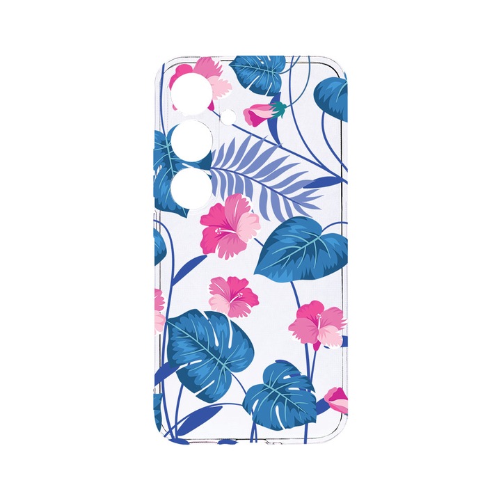 Husa BestCase® Clear Silicon 2MM, Compatibila Cu Samsung Galaxy A55, Tropical Blue Flowers, Antisoc, Protectie Camera, Margini ridicate pentru protectia ecranului, T 112