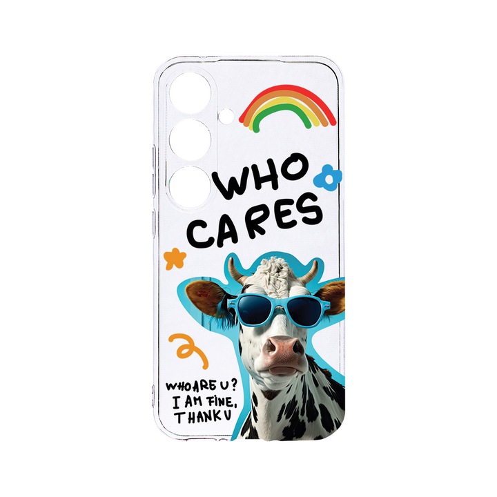 Силиконов калъф BestCase за Samsung Galaxy S24 Plus, Cool Cow - Who Cares?, Camera Protection, Clear Silicon 2MM, Transparent T 975
